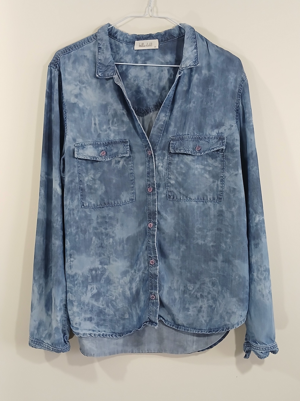 Bella Dahl Tie Dye Acid Wash Tencel Button Down Shirt Blue Wash Long Sleeve M